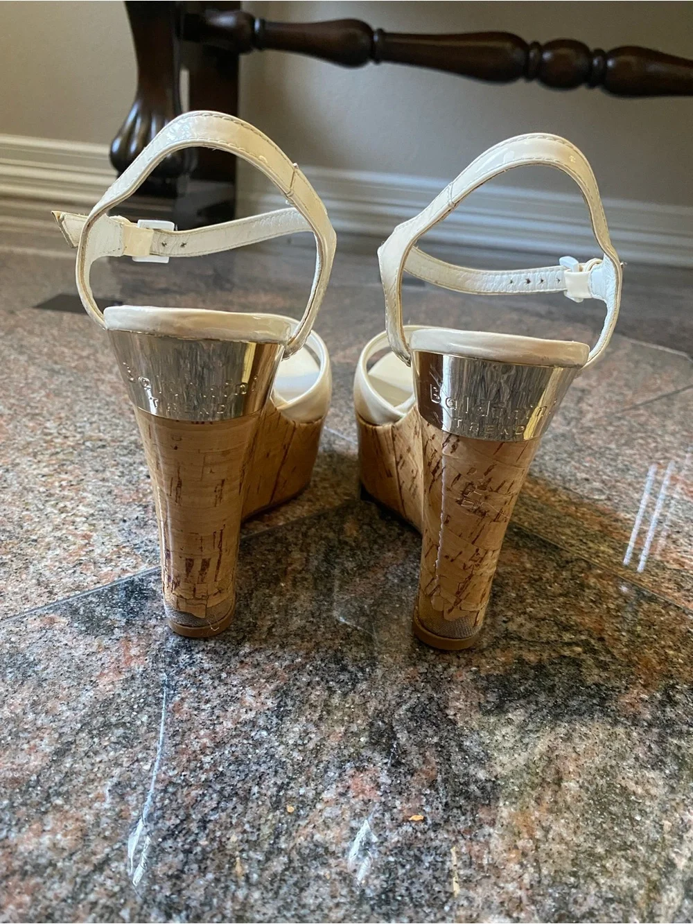 Baldinini Cream Patent Platform Sandals with Cork Platform